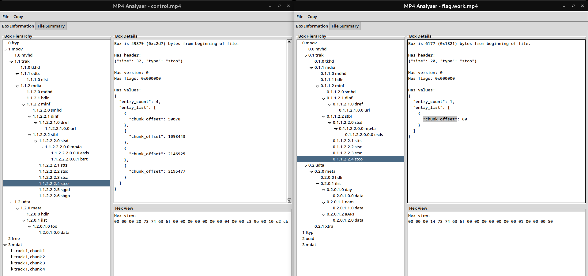 Side-by-side comparison of control and flag file in mp4analyser