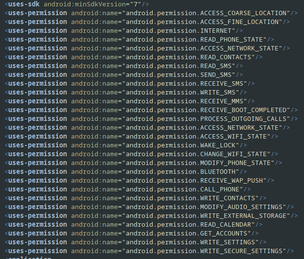 Screenshot of permissions stored in Android manifest